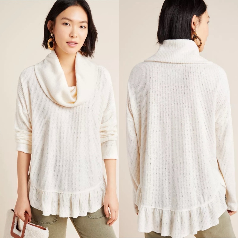 MAEVE Anthropologie Addie Ruffled Hacci Pullover Sweater Top Ivory Cream Medium